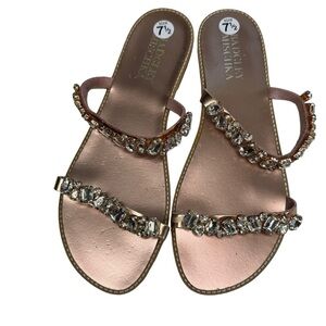 Badgley Mischka  Reed Embellished Flat Sandal, Size 7.5, champagne color, NWOB